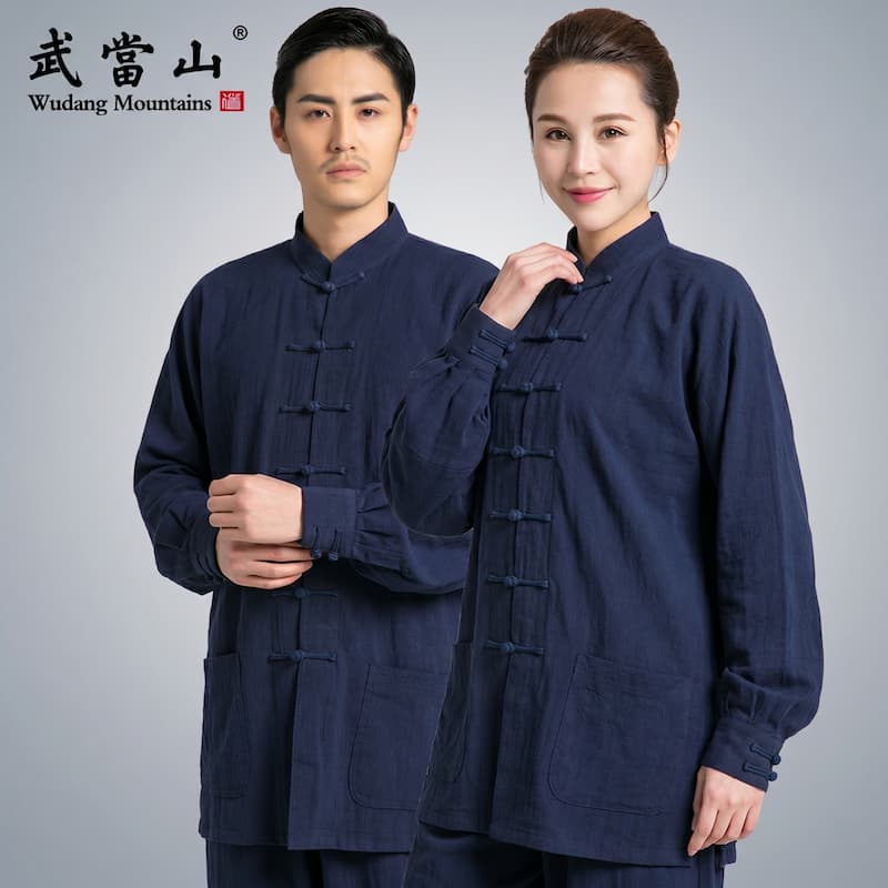 Lightweight Long-Sleeve Cotton-Linen Tai Chi Outfit Set, Navy Blue