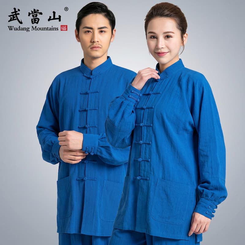 Lightweight Long-Sleeve Cotton-Linen Tai Chi Outfit Set, Royal Blue