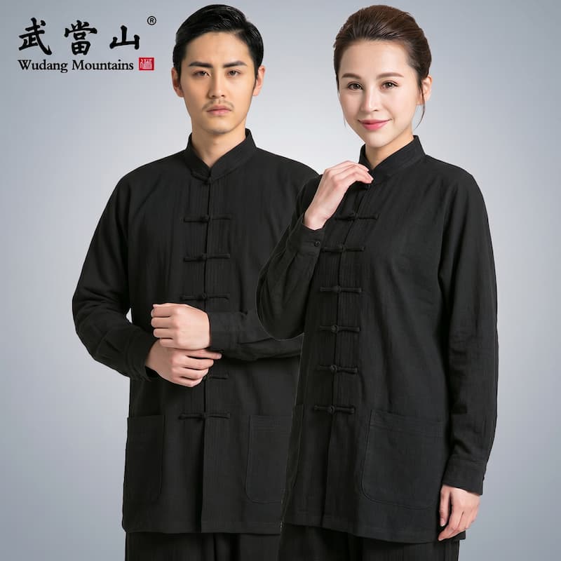 Standard Black Lightweight Long-Sleeve Cotton-Linen Tai Chi Outfit