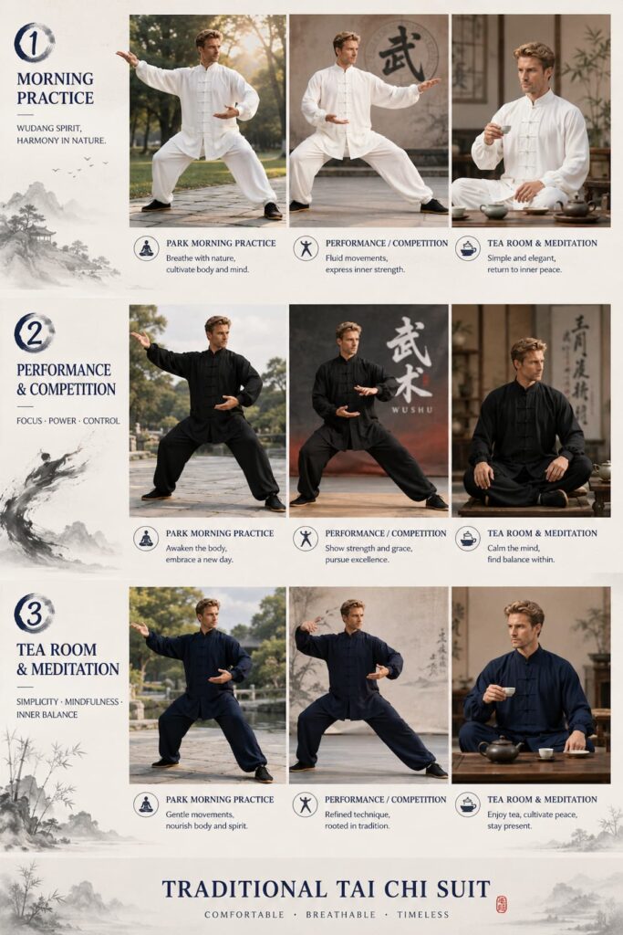 Scene of a model practicing Tai Chi in a long-sleeved summer Tai Chi uniform
