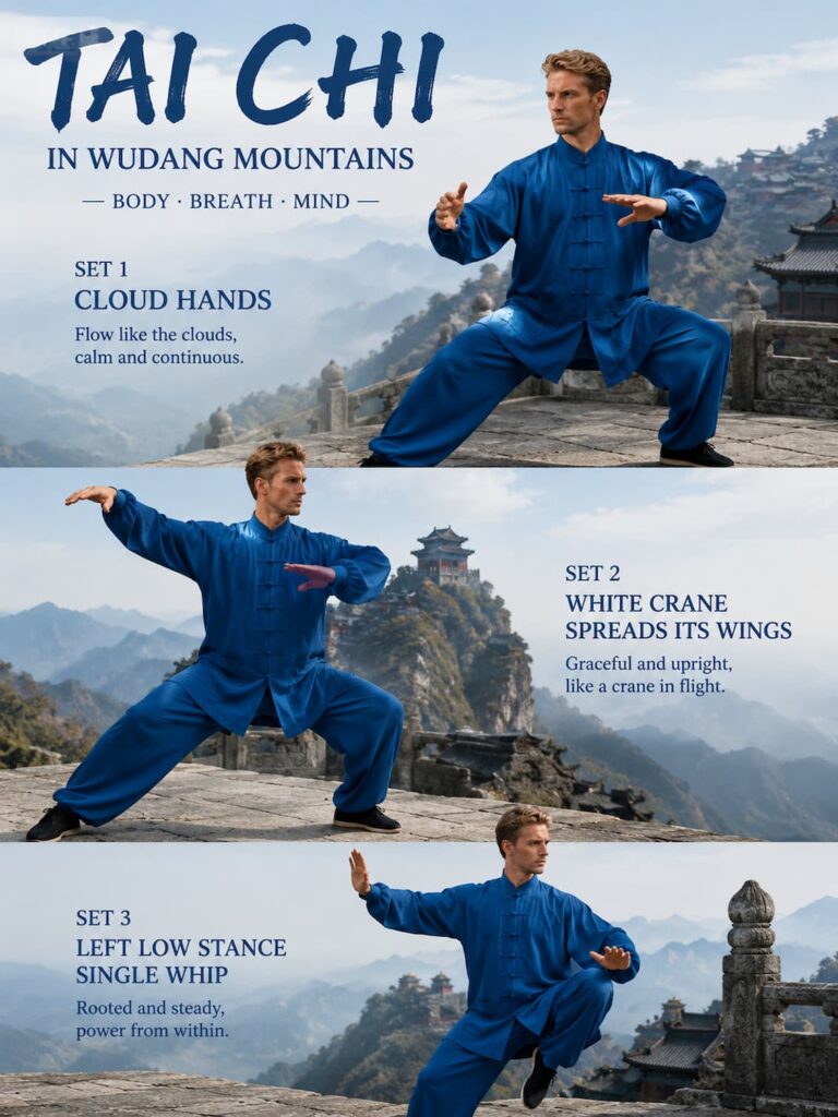 Scene of a model practicing Tai Chi in a long-sleeved summer Tai Chi uniform